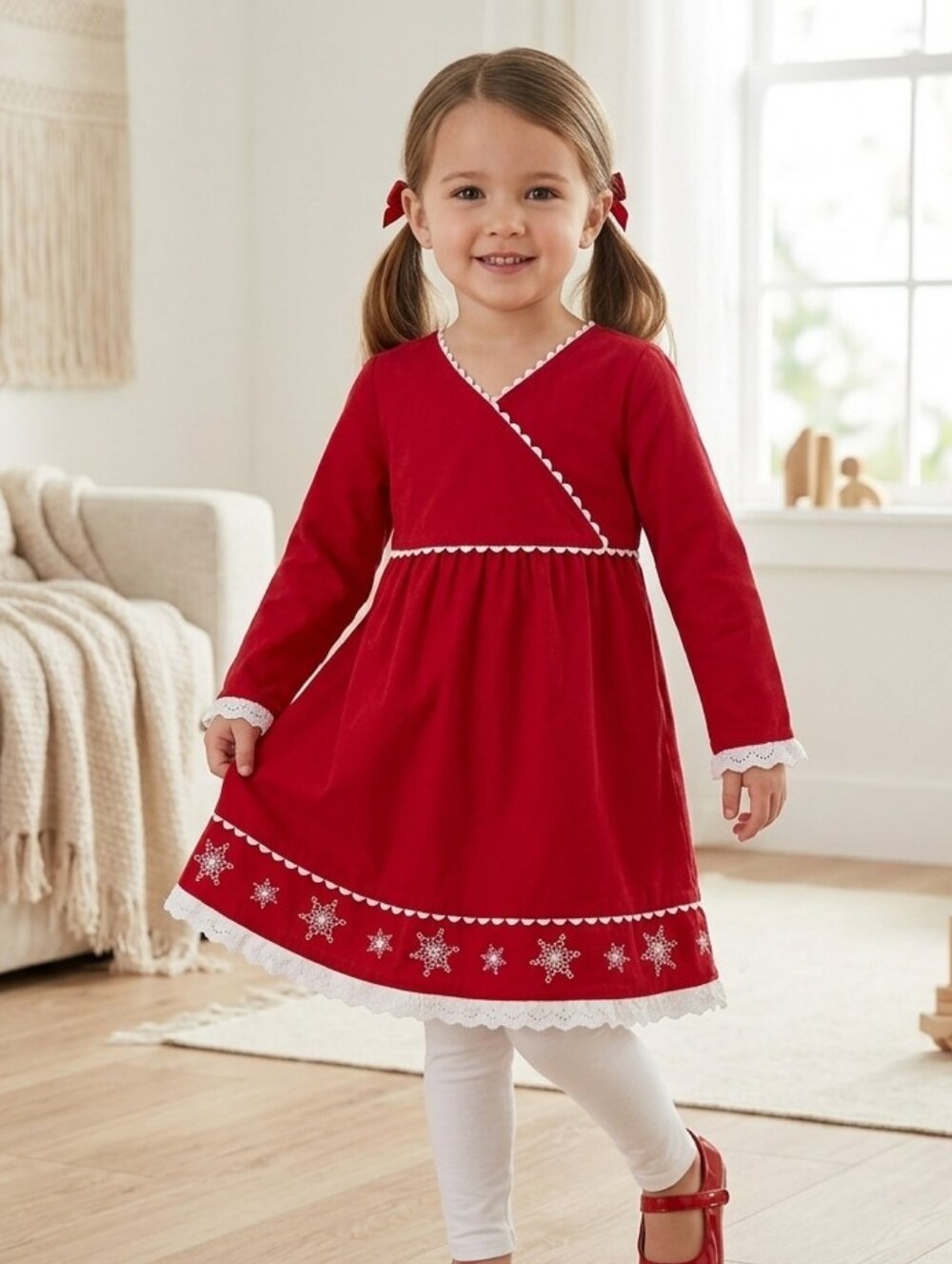 Hanna Andersson Red Corduroy Faux Wrap Dress with Lace/Embroidery Size 4